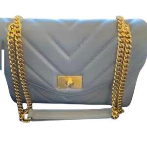 NWT Moncrief London designer luxury flap handbag dusty blue